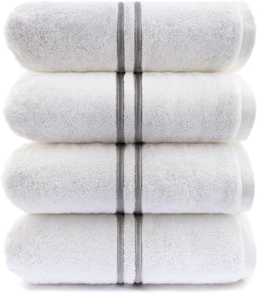 Maisonette Loft Baratta Egyptian Cotton Turkish Bath Towels, Soft & Absorbent, Ideal Quick Dry Large Bathroom Towel Set for Shower (30" x 58", 4 Pack) - White, Linen Striped