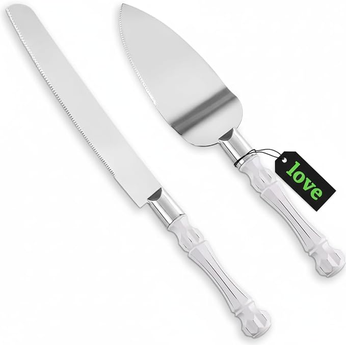 Homi styles White Elegant Cake Knife and Server Set, Cake Cutter and Pie Spatula, Cake Server and Knife Set of 2 with Thick Blades,Rustic Wedding Cake Cutting Set, Birthdays, Anniversaries,Parties