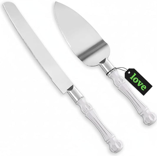 Homi styles White Elegant Cake Knife and Server Set, Cake Cutter and Pie Spatula, Cake Server and Knife Set of 2 with Thick Blades,Rustic Wedding Cake Cutting Set, Birthdays, Anniversaries,Parties