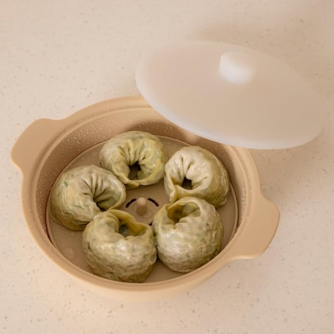 Microwave Silicone Steamer for Baby Food, Made In Korea, Oven & Dishwasher Safe to 482°F, Easy Clean, Microwave Pot with Handle & Lid, 100% Food Grade Steamer Bowl (Creme Brulee, 50.7oz (1500ml))