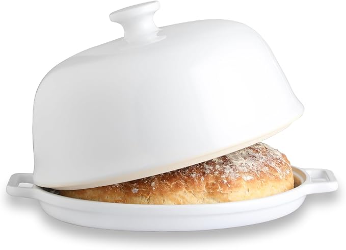 Sweejar Ceramic Bread Oven with Lid, Large Sourdough Bread Baking Pan with Handle, 5QT Porcelain Round Bread Cloche For Baking, Cooking, Roasting (White)