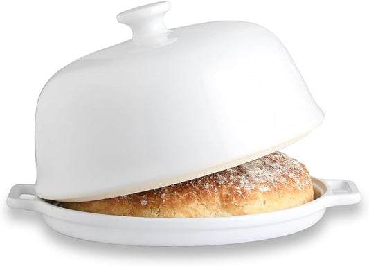 Sweejar Ceramic Bread Oven with Lid, Large Sourdough Bread Baking Pan with Handle, 5QT Porcelain Round Bread Cloche For Baking, Cooking, Roasting (White)