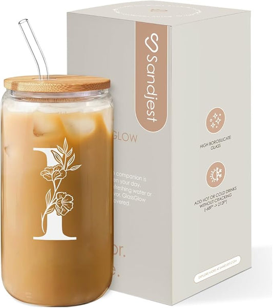 SANDJEST Monogrammed Gifts for Women - Monogram I Initial Glass Cup 16 Oz Can Coffee Cups with Lid and Straw - Monogram Initials Gifts for Womens on Birthday