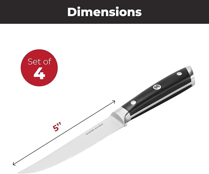 Master Maison 4-Piece 5" Ultra Premium Steak Knife Set | 4 German Non-Serrated Stainless Steel Kitchen Steak Knives + Storage Gift Box | Anti-Fatigue Ergonomic Full-Tang Triple-Riveted Handle (Black)