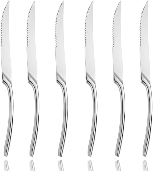 Lemeya Stainless Steel Steak Knives Set of 6,Forge Steak Knife,Serrated Steak Knives Set,6 Piece Heavy Steak Knives-10 inch,Mirror Polished,Dishwasher Safe