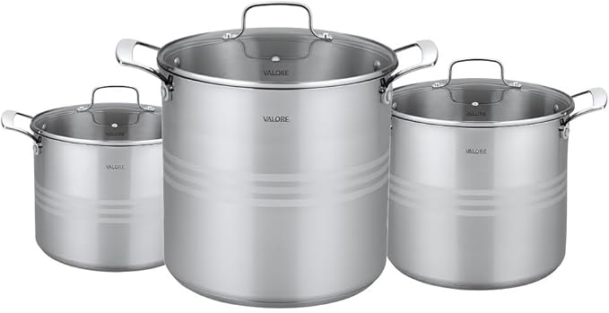 Valore 3 pc Stainless Steel Stock Pot Set - 12, 16 & 24 qt - 5-ply Canning Pots with Brushed Stainless Finish & Riveted Handles - Canning Supplies Compatible with All Cooktops