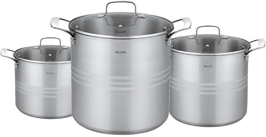 Valore 3 pc Stainless Steel Stock Pot Set - 12, 16 & 24 qt - 5-ply Canning Pots with Brushed Stainless Finish & Riveted Handles - Canning Supplies Compatible with All Cooktops