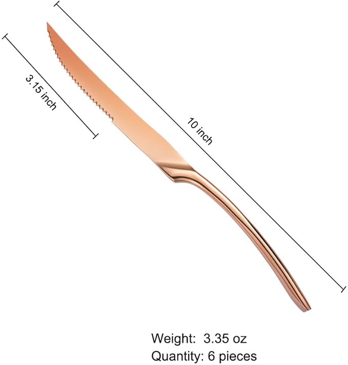 Lemeya Stainless Steel Rose Gold Steak Knives Set of 6,Forge Steak Knife,Serrated Steak Knives Set,6 Piece Heavy Steak Knives-10 inch,Mirror Polished,Dishwasher Safe