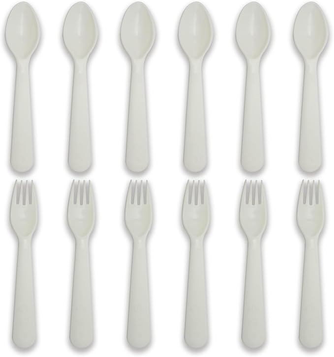 12 Pcs Kids Spoons and Forks Toddler Utensils Plastics Reusable Silverware Baby Cutlery Set Feeding Dinnerware Utensils BPA Free Microwave Dishwasher and Freezer Safe- White