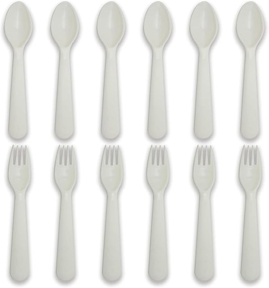 12 Pcs Kids Spoons and Forks Toddler Utensils Plastics Reusable Silverware Baby Cutlery Set Feeding Dinnerware Utensils BPA Free Microwave Dishwasher and Freezer Safe- White
