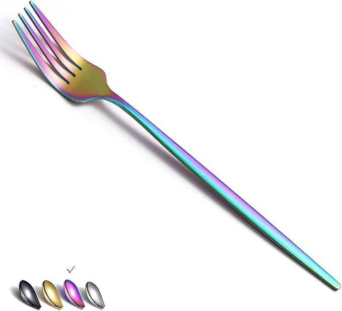 Matt Rainbow 6 Piece Stainless Steel 8.4'' Dinner Forks - Silverware Set, Dessert, Table, Salad Forks - Dishwasher Safe