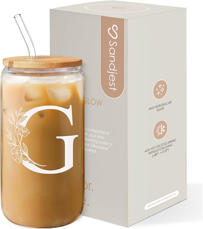 SANDJEST Monogrammed Gifts for Women - Monogram G Initial Glass Cup 16 Oz Can Coffee Cups with Lid and Straw - Monogram Initials Gifts for Womens on Birthday