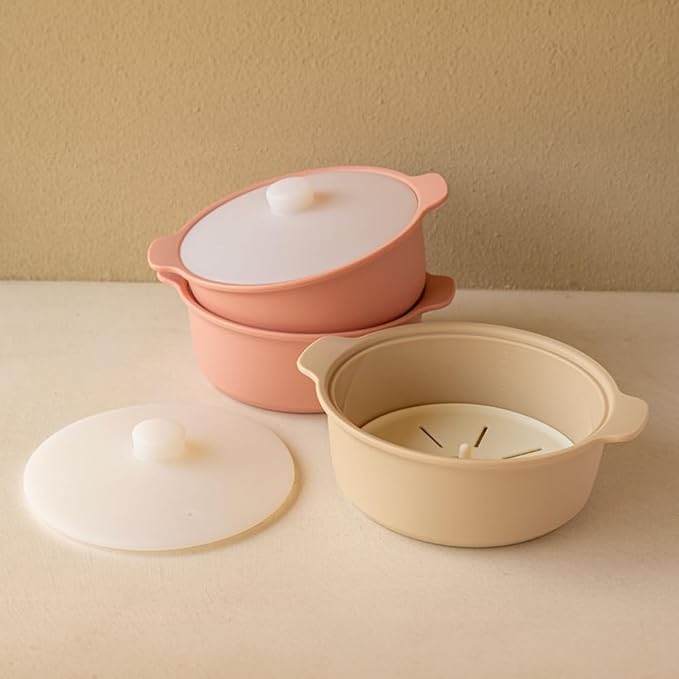 Microwave Silicone Steamer for Baby Food, Made In Korea, Oven & Dishwasher Safe to 482°F, Easy Clean, Microwave Pot with Handle & Lid, 100% Food Grade Steamer Bowl (Creme Brulee, 50.7oz (1500ml))