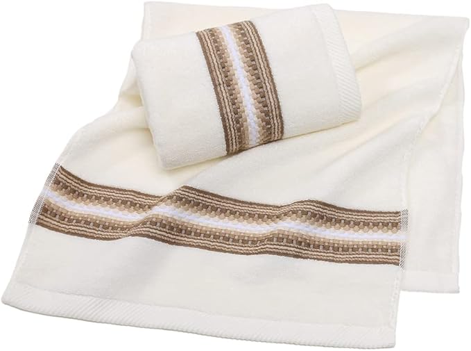 YiLUOMO Hand Towel Set of 2 Super Soft 100% Cotton Highly Absorbent Decorative Textured Striped Hand Towels for Bathroom 13 x 29 Inch (Beige)