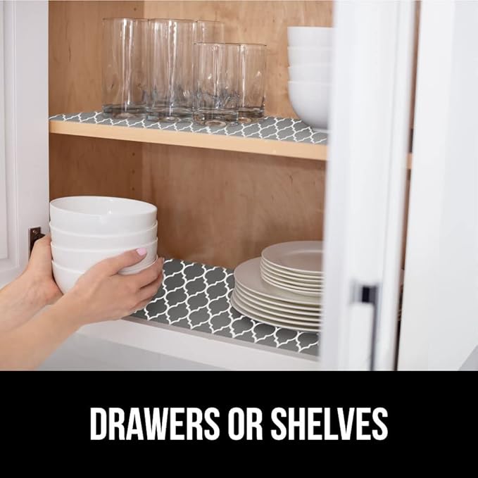 GORILLA GRIP DripGuard Shelf Liner, Non Adhesive Drawer and Kitchen Cabinet Protector, Slip Resistant BPA Free Smooth Surface Plastic Liners for Cabinets, Bathrooms, Closets, 12x120 Inch, White Gray