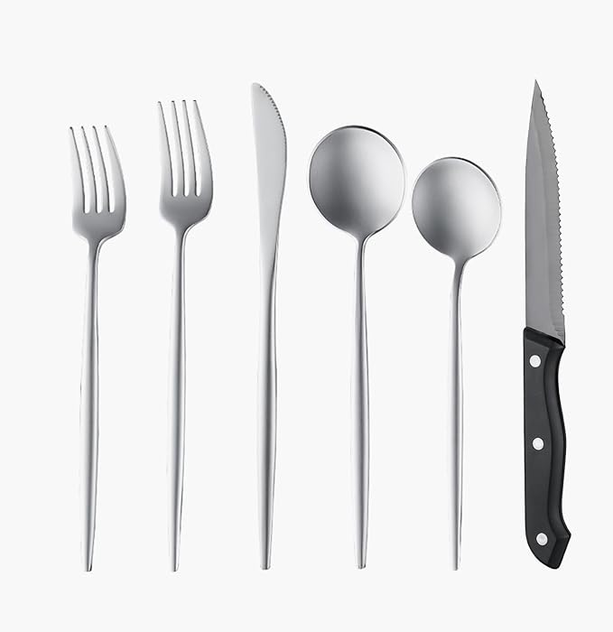 24 Pieces Silverware Set with Steak Knife, Stainless Steel Silver Flatware Set for 4, Satin Finish Spoons and Forks Silverware Set, Cutlery Utensils Set, Dishwasher Safe