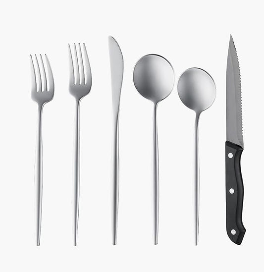 24 Pieces Silverware Set with Steak Knife, Stainless Steel Silver Flatware Set for 4, Satin Finish Spoons and Forks Silverware Set, Cutlery Utensils Set, Dishwasher Safe