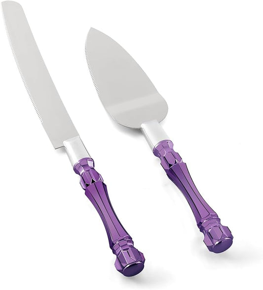 Purple Wedding Cake Knife and Server Set, Cake Cutter and Spatula, Acrylic Handle Set with 1.2mm Thick Blades for Weddings and Parties