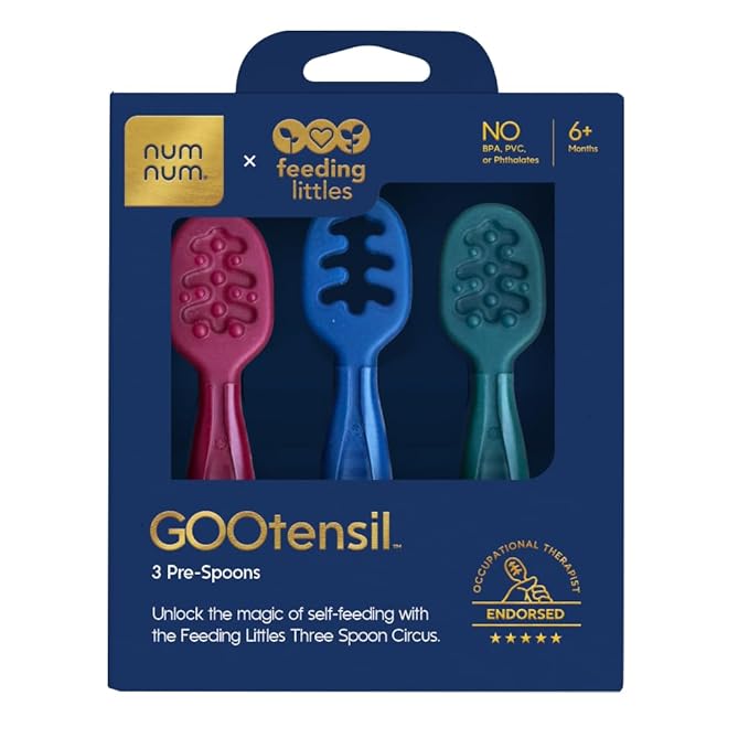 NumNum Baby Spoons Set, Feeding Littles x Silicone Pre-Spoon GOOtensils for Baby Led Weaning, Self-Feeding & Teething, First Stage Toddler Utensils for Ages 6+ Months, 3-Pack, BPA-Free (Jewel Tones)