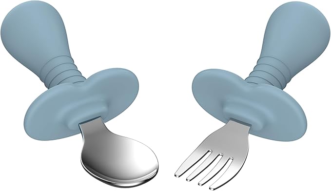 2 Pieces Toddler Utensils Forks and spoons set, Stainless Steel Childrens Silverware for Safe flatware Metal Kids Cutlery set with Round Handle, BPA Free, Anti-Choke Design (Lite Blue)