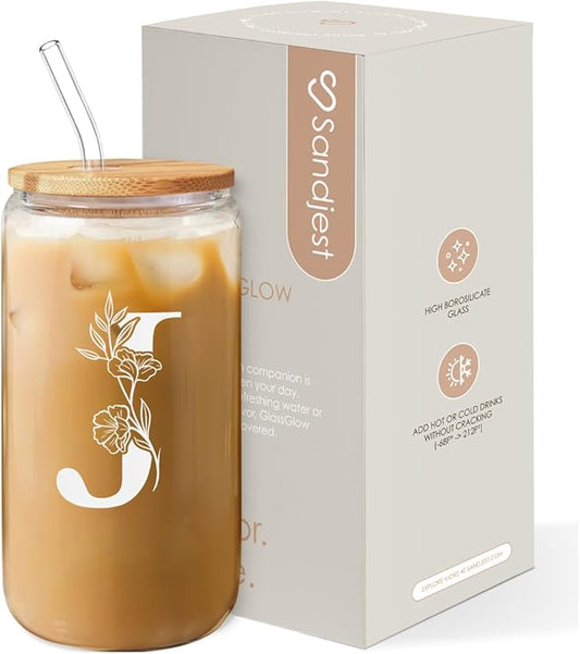SANDJEST Monogrammed Gifts for Women - Monogram J Initial Glass Cup 16 Oz Can Coffee Cups with Lid and Straw - Monogram Initials Gifts for Womens on Birthday