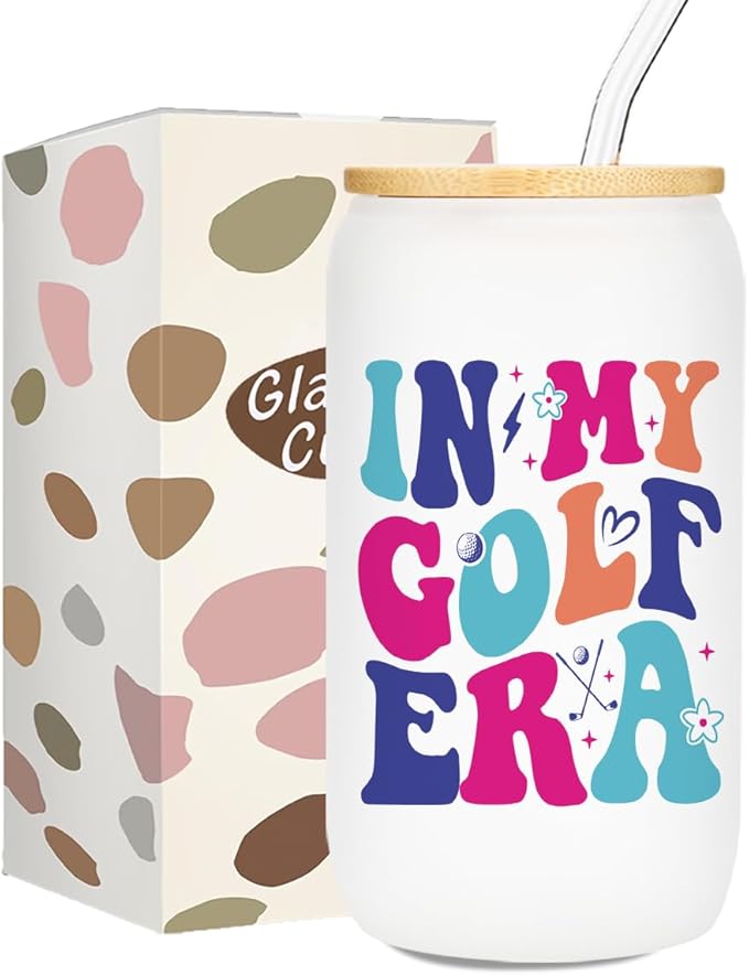 Golf Gifts, Iced Coffee Cup, Golf Accessories for Women, 16 oz Coffee Glass Cups with Lids Straws, Birthday Christmas Gifts for Women Girls Mom Friends Golfers Coaches Players, Party Favors
