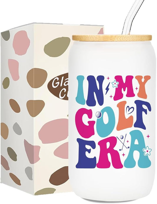 Golf Gifts, Iced Coffee Cup, Golf Accessories for Women, 16 oz Coffee Glass Cups with Lids Straws, Birthday Christmas Gifts for Women Girls Mom Friends Golfers Coaches Players, Party Favors