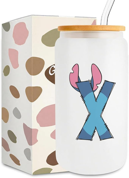 Cute Cartoon Lover Gifts Initial A-Z Personalized Iced Coffee Cup Cartoon Merch 16oz Glass Cup with Lid and Straws Birthday Christmas Gifts for Women Teen Girls Fans (Letter X)