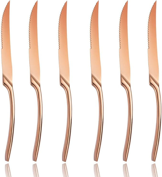 Lemeya Stainless Steel Rose Gold Steak Knives Set of 6,Forge Steak Knife,Serrated Steak Knives Set,6 Piece Heavy Steak Knives-10 inch,Mirror Polished,Dishwasher Safe