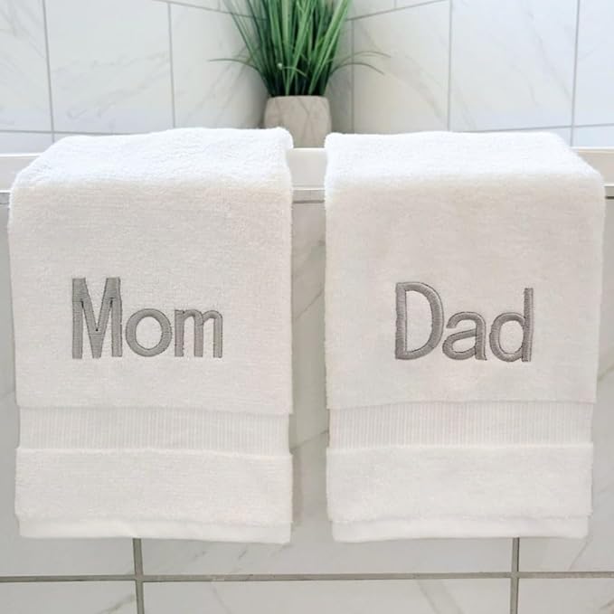 Silver Monogrammed Hand Towels for Bathroom - Luxury Hotel Quality Personalized Initial Decorative Embroidered Towel for Powder Room, Spa - GOTS Organic Certified - Dad and Mom