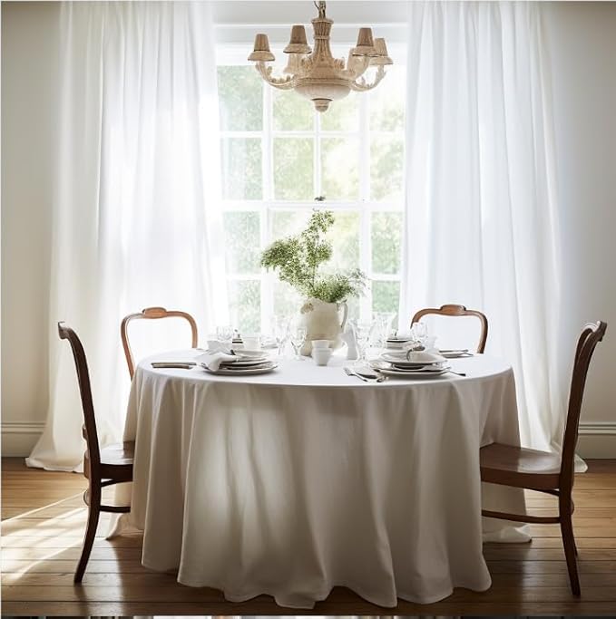 EVERLY 100% Pure Linen Round Tablecloth 60Inches for Dining,Buffet Parties,Picnic,Events,Weddings and Restaurants,Decorative Halloween,Thanksgiving Machine Washable Tablecloths-White