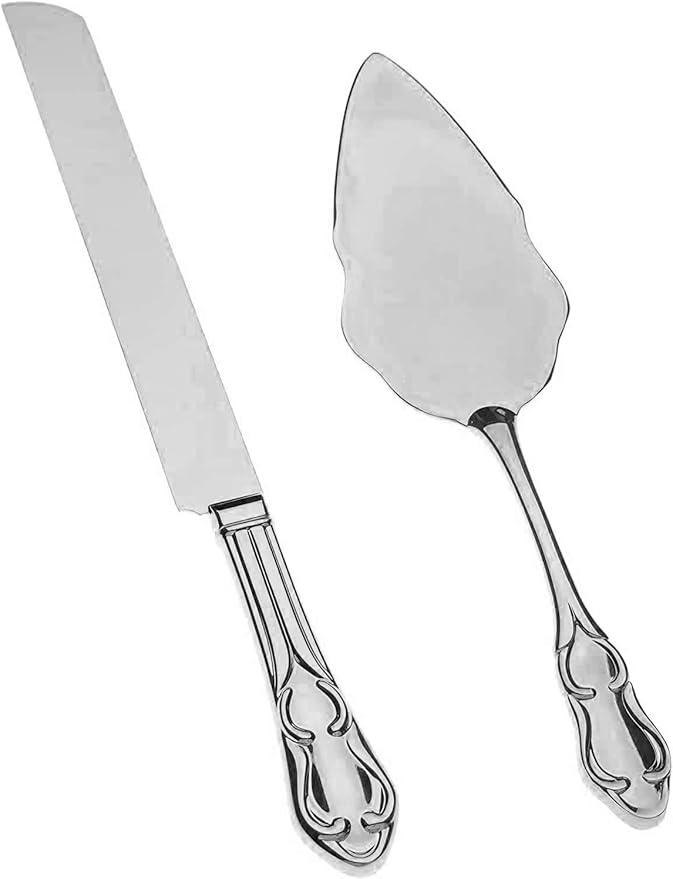 Ella Celebration Cake Knife & Server Set, Silver Wedding Cake Cutting Set, Anniversary Cake Cutter, Vintage Party Supplies (Silver Engravable)