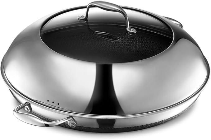 HexClad Hybrid Nonstick 19-Piece Cookware Set, 14" Pan with Lid, 14" Wok with Lid, 6-Piece Essential Knife Set, Magnetic Knife Block, 2, 3, and 8Qt Pots with Lids, and 2 Silicone Trivets