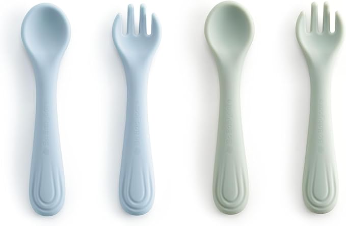 Bc Babycare Portable 4 Pack Baby & Toddler Self Feeding Fork and Spoon Set with Storage Case, BPA-Free Silicone Utensils for Boys and Girls, Safe & Easy to Carry, Blue & Green