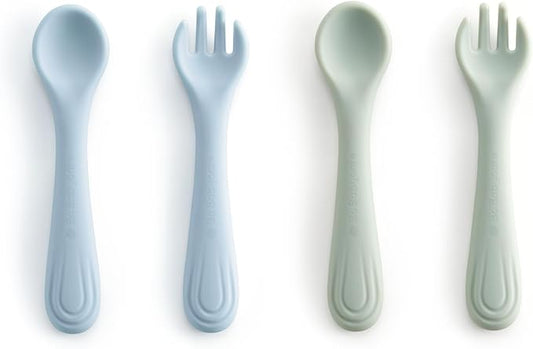 Bc Babycare Portable 4 Pack Baby & Toddler Self Feeding Fork and Spoon Set with Storage Case, BPA-Free Silicone Utensils for Boys and Girls, Safe & Easy to Carry, Blue & Green