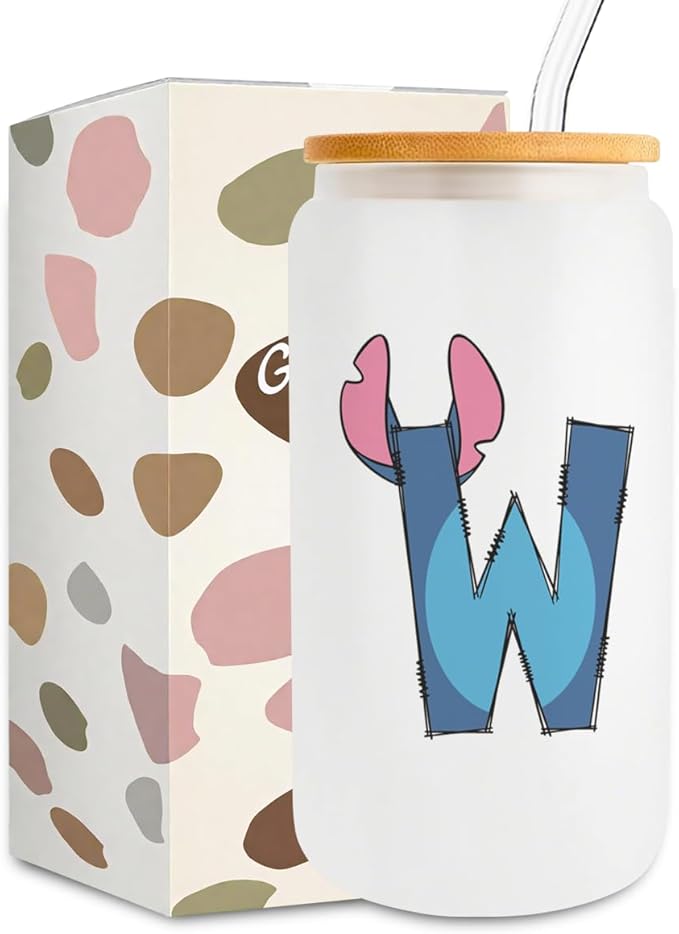 Cute Cartoon Lover Gifts Initial A-Z Personalized Iced Coffee Cup Cartoon Merch 16oz Glass Cup with Lid and Straws Birthday Christmas Gifts for Women Teen Girls Fans (Letter W)
