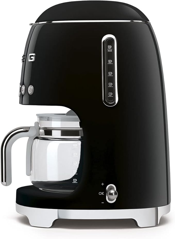 Smeg 50's Retro Style Aesthetic Drip Coffee Machine with 10 Cup Glass Carafe, Auto Start Feature, Keep Warm Plate, and Two Coffee Strength Settings (Black)