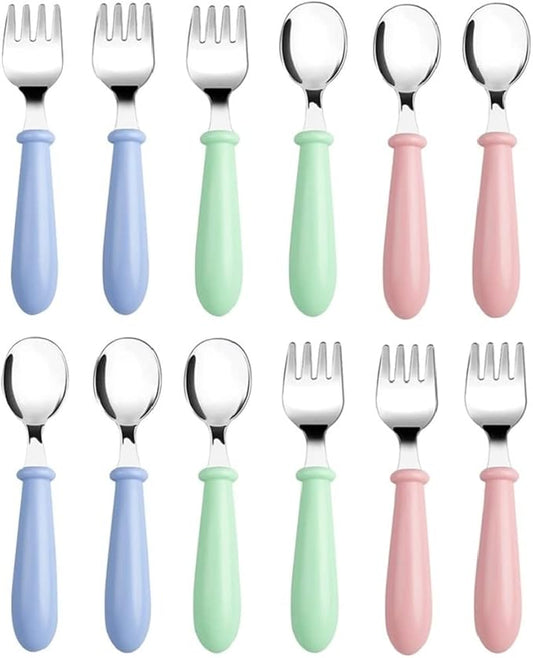 Pimoys 12 Pieces Toddler Utensils Kids Silverware Set Baby Forks and Spoons, Stainless Steel Childrens Safe Cutlery with Round Handle for Self Feeding, Dishwasher Safe