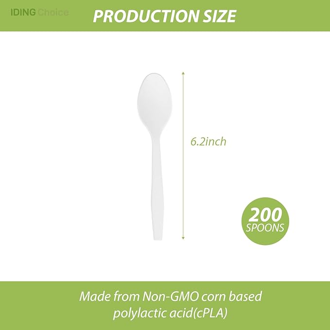 100% Compostable 200 Count No Plastic Spoons, Plastic Utensils, The Heavyweight Heavy Duty Flatware is Eco-Friendly Products for Lounge Party Wedding Office BBQ Picnic Camping.