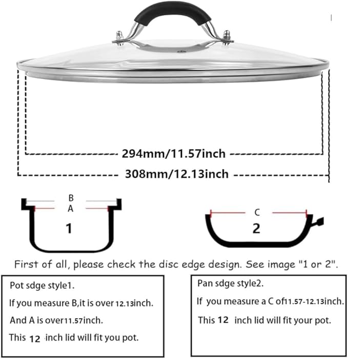12 Inch Tempered Glass Lid for Lodge 12" Cast Iron Skillets & 7QT Dutch Ovens -Stainless Steel Handle and Rim (12 INCH LID)