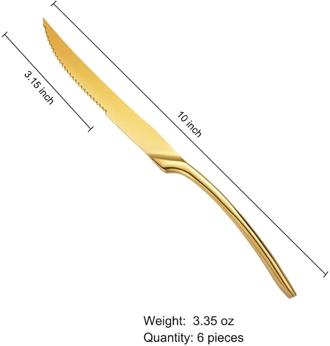 Lemeya Stainless Steel Gold Steak Knives Set of 6,Forge Steak Knife,Serrated Steak Knives Set,6 Piece Heavy Steak Knives-10 inch,Mirror Polished,Dishwasher Safe