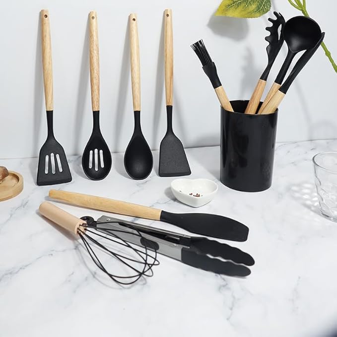 Generic Silicone Kitchen Tool Set, 12 Pieces, Spoons, Spatulas, Tongs (Black), KU002