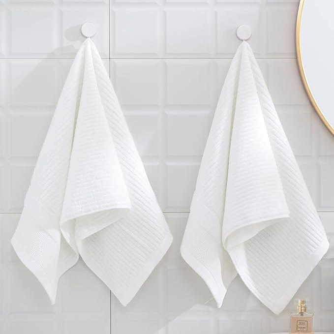 sense gnosis White Hand Towel Set of 2 Ribbed Striped Pattern Soft Thick 100% Cotton Quick Dry Absorbent Decorative Hand Towels for Bathroom 13 x 29 Inch