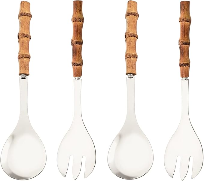 Serving Spoon and Fork Set, 304 Stainless Steel Serving Utensils with Natural Bamboo Handle, 10" Long Handle Serving Set for Kitchen Party Buffet, 4 Pieces / 2 of Each