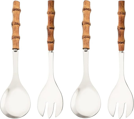 Serving Spoon and Fork Set, 304 Stainless Steel Serving Utensils with Natural Bamboo Handle, 10" Long Handle Serving Set for Kitchen Party Buffet, 4 Pieces / 2 of Each