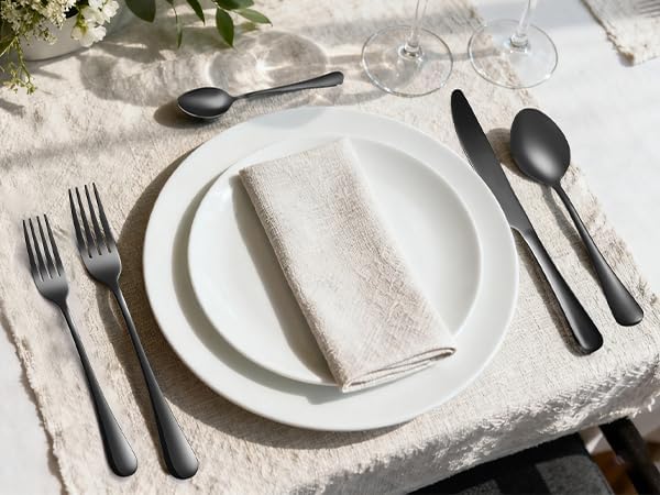 Forks and spoons silverware set 24pcs black spoons and forks set Durable Dishwasher Safe black silverware for home kitchen stainless steel (Black)