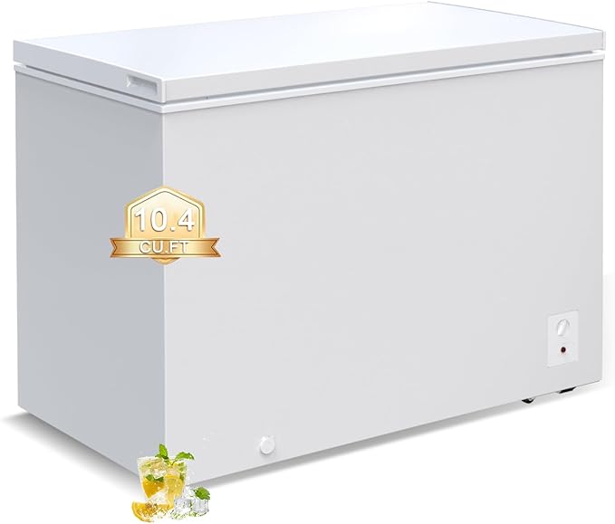 Large Chest Freezer,10.4 Cu.ft Deep Freezer FreeStanding Top Door Freezer with 8 Adjustable Thermostat (-11.2°F to 10.4°F) and Removable Basket, Universal Wheels, Manual Defrost for Garage, White