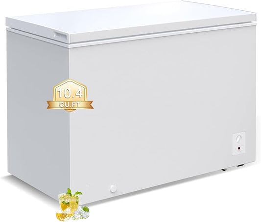 Large Chest Freezer,10.4 Cu.ft Deep Freezer FreeStanding Top Door Freezer with 8 Adjustable Thermostat (-11.2°F to 10.4°F) and Removable Basket, Universal Wheels, Manual Defrost for Garage, White