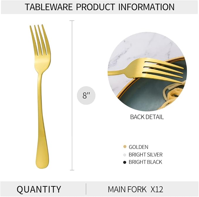 12Pcs Gold Stainless Steel Dinner Forks, Silverware Forks, Flatware Forks Set Of 12, Dishwasher Safe