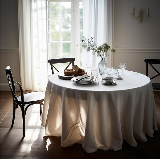 EVERLY 100% Pure Linen Round Tablecloth 60Inches for Dining,Buffet Parties,Picnic,Events,Weddings and Restaurants,Decorative Halloween,Thanksgiving Machine Washable Tablecloths-White